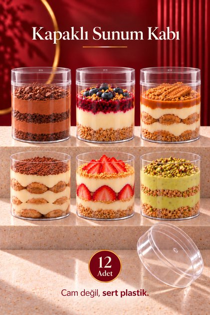 12-Piece Round Tiramisu Cup Mica Bowl Plastic Transparent Lid Presentation Container Dessert & Appetizer and Salad Container