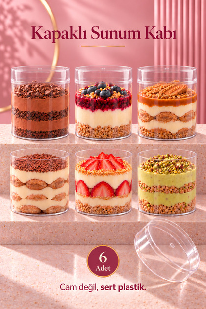 6-Piece Round Tiramisu Cup Mica Bowl Plastic Transparent Lid Presentation Container Dessert & Appetizer and Salad Bowl