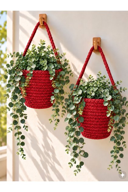 Basket Mini Decorative Flower Pot 2-Piece Organizer 12X10 cm (Plants and Wooden Hangers Are Not Included)
