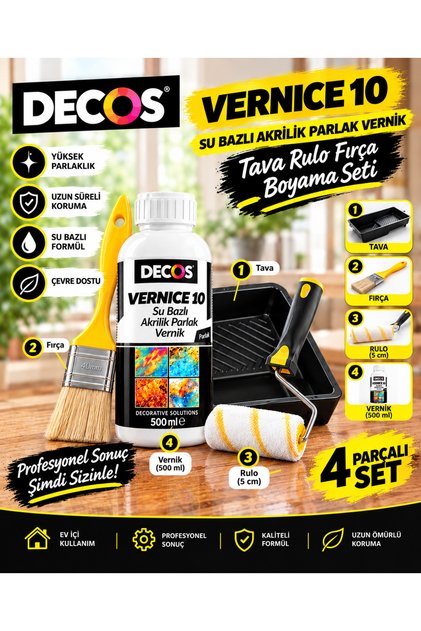 VERNICE 10 Gloss Boyama Seti - Su Bazlı Çok Amaçlı Parlak Şeffaf Vernik + Tava + Rulo + Fırça - Dekoratif Boyalar, Ahşap, MDF, Dekupaj, Stencil ve Sanatsal