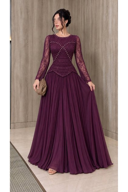 Women's Beige Long-Sleeved Evening Gown with Beaded Embroidery on the Chest and Waist, Featuring a Long Pleated Skirt.