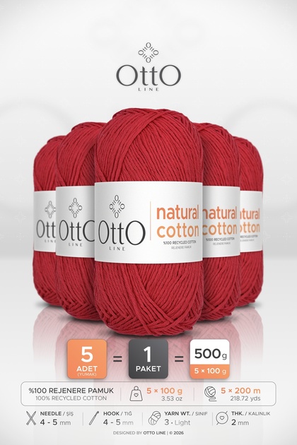 Natural Cotton • Red (6024) • 5-Pack × 100 Gr / 200 m • 2 mm • Cotton Thread • Punch, Amigurumi, Macrame