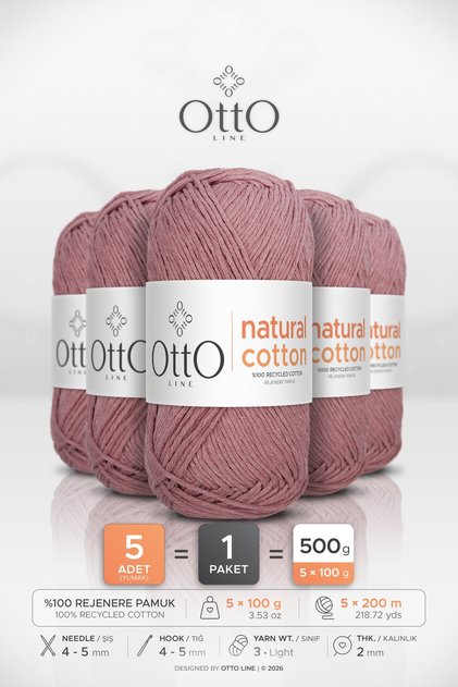 Natural Cotton • Dried Rose (6037) • 5-Pack × 100 Gr / 200 m • 2 mm • Cotton Thread • Punch, Amigurumi, Macrame