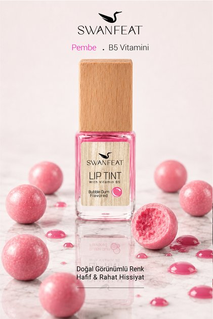 (NEW FORMULA) Lip Tint with Bubble Gum Flavor, Pink, Vitamin B5, Moisturizing, Lightweight Texture, Wooden Cap, 10 ml
