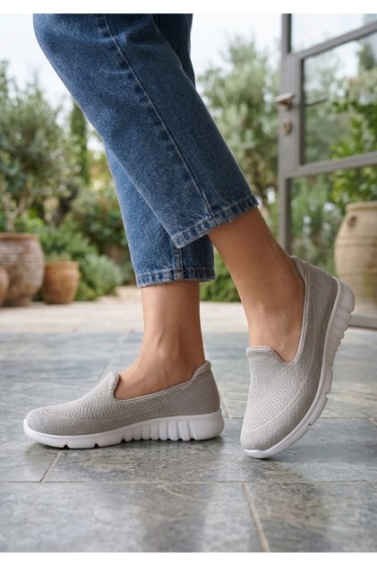 Women's Stone Gray White Memory Laceless Orthopedic Lightweight Comfortable Walking Mother's Daily Cloth Hajj Umrah Sports Shoes