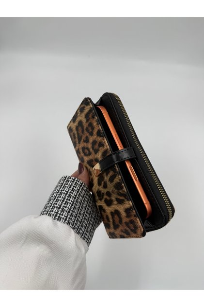 Women's Leopard Printed Piece Set with Phone Compartment Faux Leather Wallet