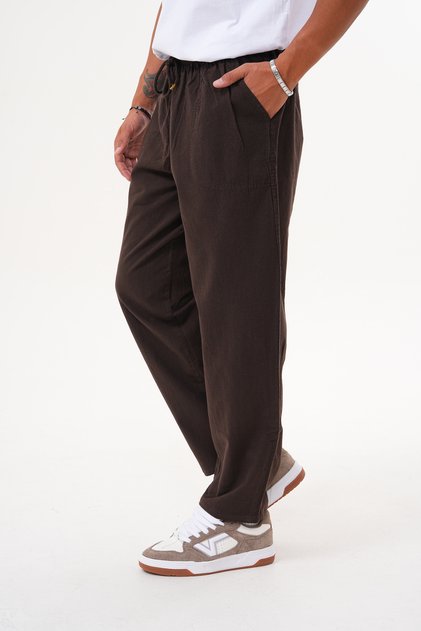 Brown Men's Cotton Linen Blend Relaxed Fit Trousers