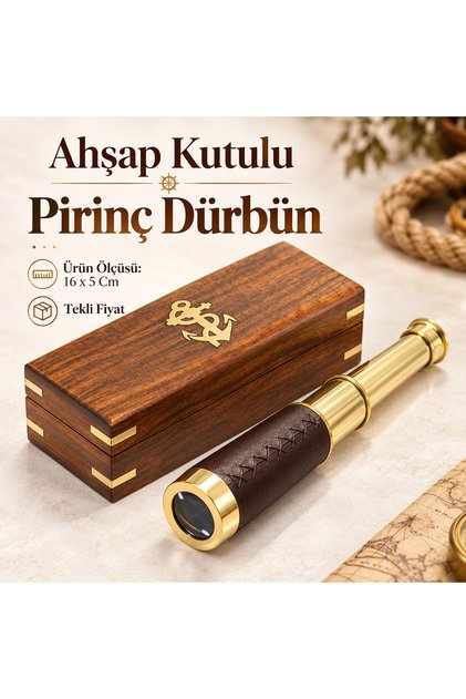 Ahşap Kutulu Pirinç Dürbün Dekoratif Vintage Denizci Teleskop Hediyelik 16x5 Cm