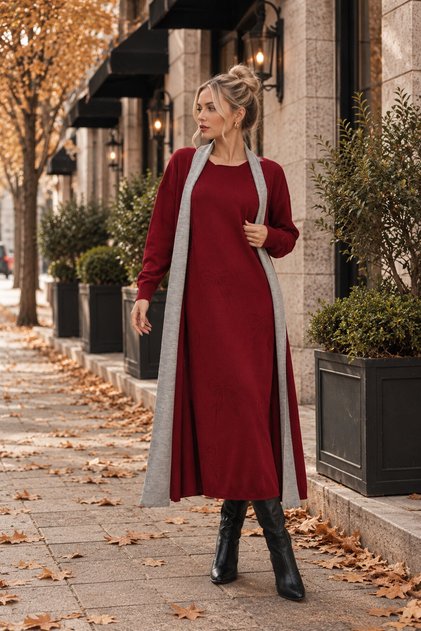 Women's Burgundy Crew Neck Dress and Cardigan Hijab Top and Bottom Set