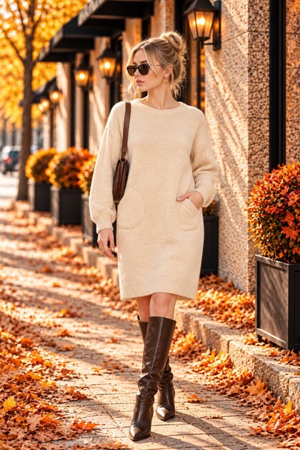 Women's Beige Double Pocket Crew Neck Tunic Dress