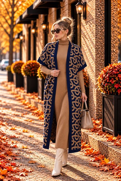 Women's Biscuit High-Neck Knitwear Dress and Long Patterned Cardigan Top and Bottom Set