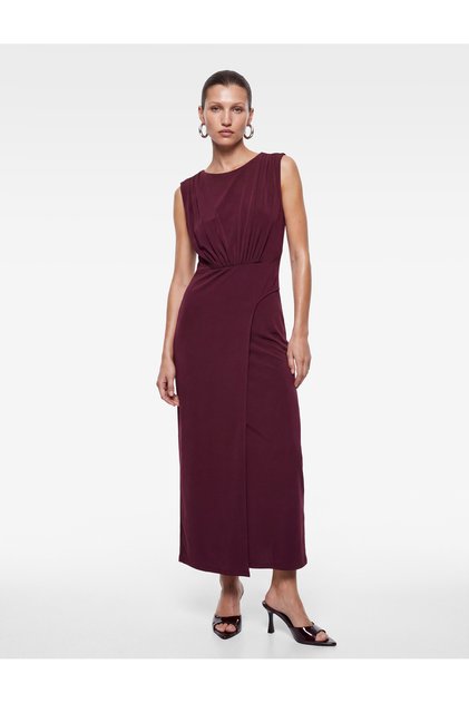 Sandy Fabric Sleeveless Double-Breasted Midi Dress with Metal Accessories