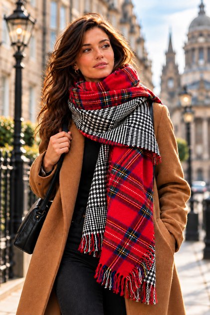 Edinburgh - Reversible Scottish Plaid and Houndstooth Oversized Women's Red Winter Shawl | 76 x 190 cm | Soft-Textured, Tasseled
