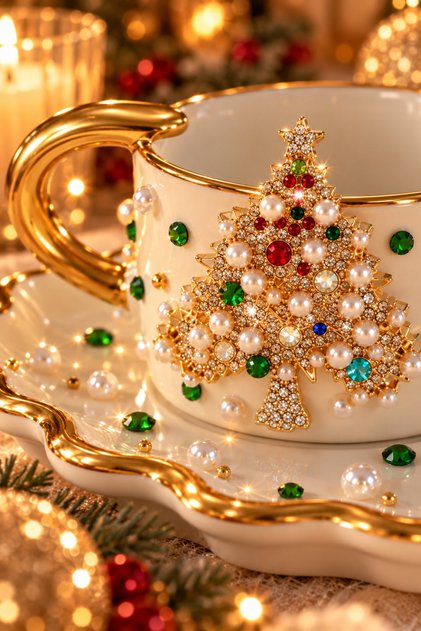 EDORA CASA New Year's Gift: Turkish Coffee Cup and Saucer with a Gem-Studded Fir Tree Figurine and Gold Accents