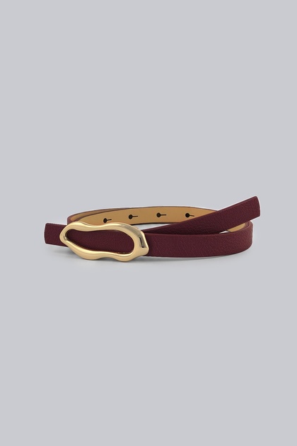 Abstract Ellipse Gold Buckle Burgundy Thin Women's Belt 1.5 cm