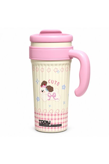 750ml Kids Vacuum Insulated Stainless Steel Flask with Handle, Double Wall Hot & Cold Travel Mug, Leakproof Thermal, Cute Pink Puppy Design, Reusable Coffee & Cup for School, Office & Travel