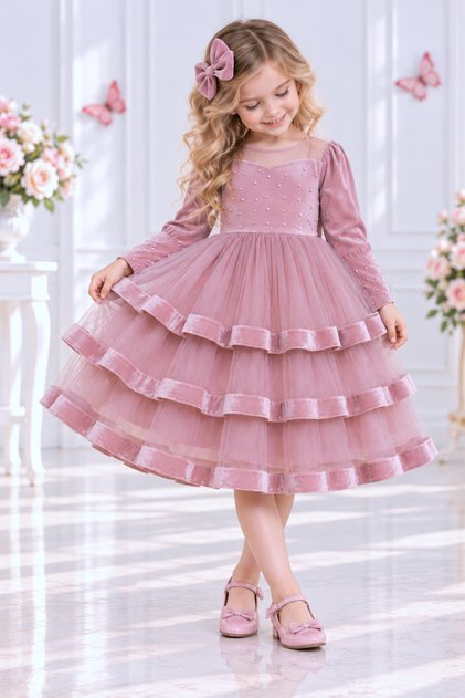 Girls' Velvet and Tulle Dress, Ideal for Special Occasions.