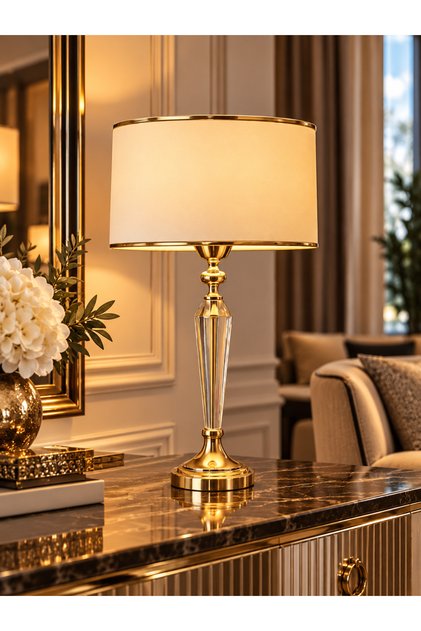 Amore Gold Kristal Metal Abajur - Gold Şeritli Krem