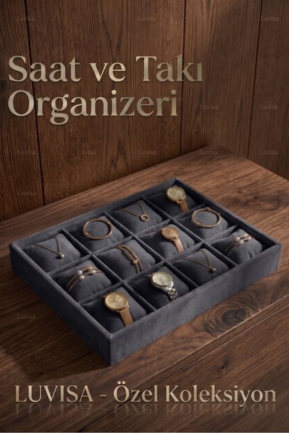 Domestic Production Tokyo Model Suede Fabric Smoked 34/24 Cm Padded Watch and Jewelry Box with Drawer Inside