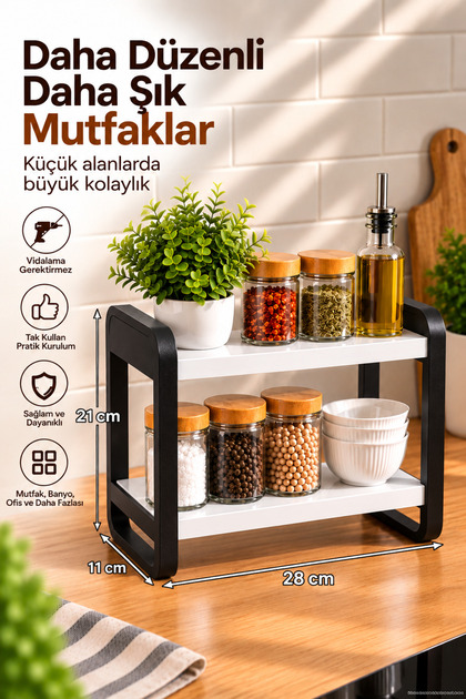 Ahşap Mutfak Tezgah Üstü Organizer Raf 2 Katlı Vidalamasız Tak Kullan Pratik Düzenleyici 24x21 cm