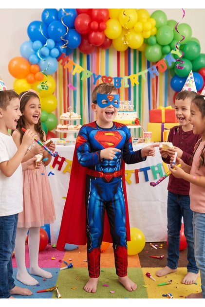 Muscular Superhero Boy Costume - Birthday Party Outfit with Cape and Mask Set