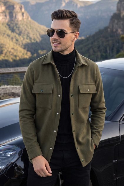 Men's Khaki Cashmere Jacket Coat – Relaxed Fit Jacket with Pockets and Snap Fasteners 2500559