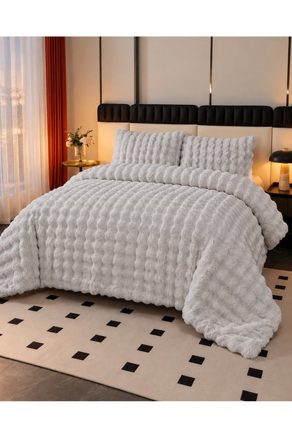 LA LUNE HOME Rabbit-Fur Bubble-Embossed Double-Size Bedspread Set 220x240 cm Welsoft Fleece Sleep-Friendly Felt-Padded with 2 Pillowcases and Carry Bag—Gray