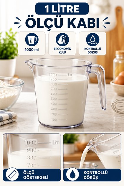 1 Litre Şeffaf Ölçü Kabı 1000 ml Dereceli Ergonomik Kulplu Mutfak Ölçüm Sürahisi