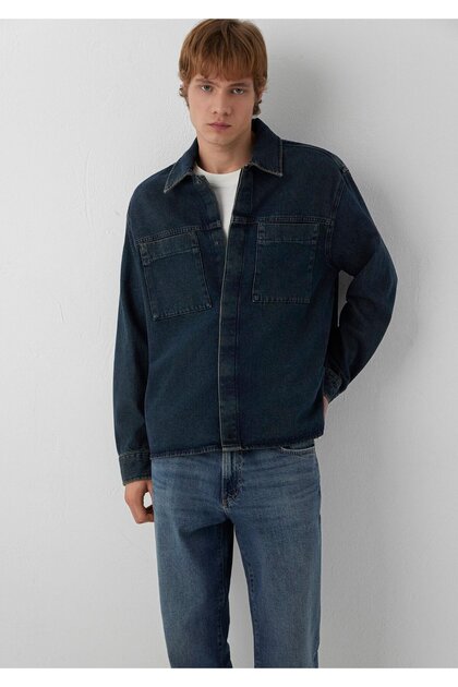 Men's Navy Blue Double Pocket Shirt Indigo Jean Shirt