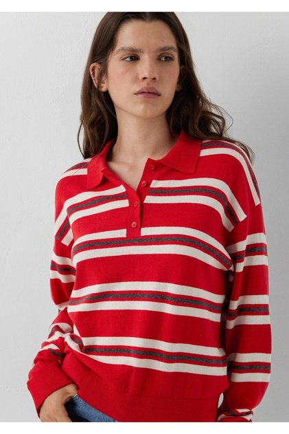 Wool Blend Striped Polo Collar Sweater, Regular Fit / Standard Cut 1711026-91568