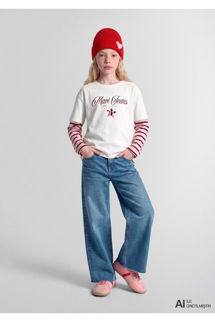Jeans Baskılı Ekru Tişört Loose Fit / Bol Rahat Kesim 7610503-70057