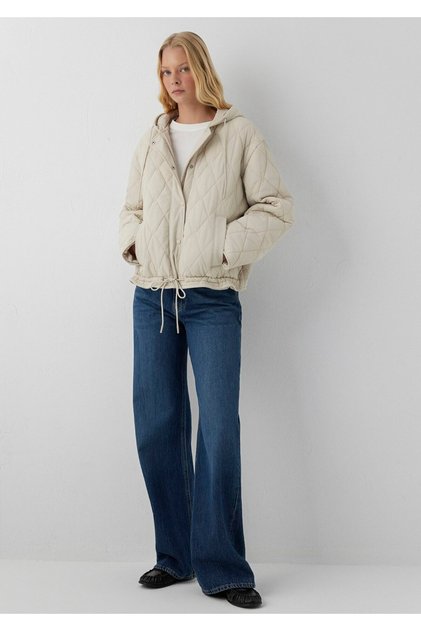 Kapüşonlu Kapitone Ekru Mont Loose Fit / Bol Rahat Kesim 1110911-70037