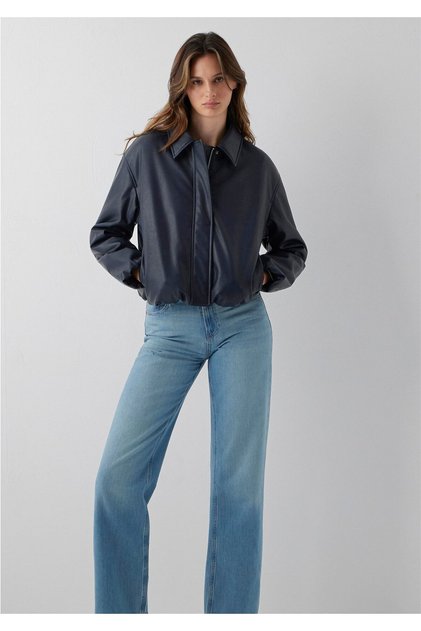 Navy Blue Faux Leather Jacket Regular Straight 1110887-90372