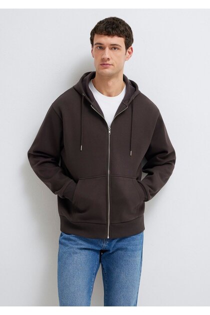 Hooded Zippered Brown Basic Sweatshirt 0S10277-70219