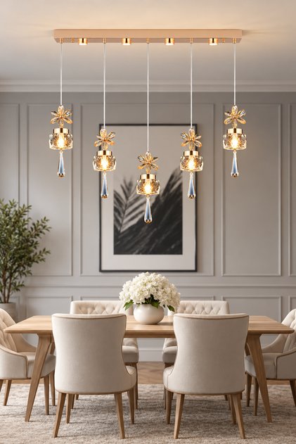 Amaris 5'li Sıralı 3 Renkli 70 Watt Gold Kelebek Led Avize Kristal Ledli Modern Oturma Odası Salon S