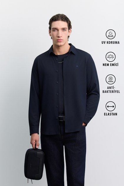Men's Navy Blue Classic Collar Moisture-Wicking UV Protective Long-Sleeve Regular-Fit Shirt A62Y2