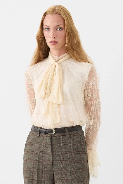 Lace Blouse with Tie-Back Detail - Ecru