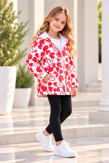 Girl's Red and White Heart Water and Windproof Trench Coat-Raincoat-Windbreaker