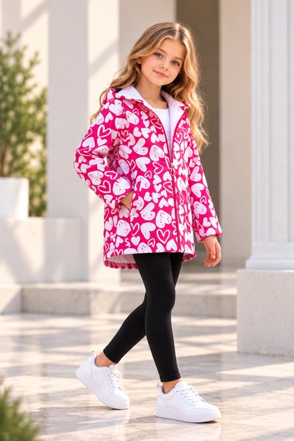 Girl's Fuchsia Pink White Heart Water and Windproof Trench Coat-Raincoat-Windbreaker