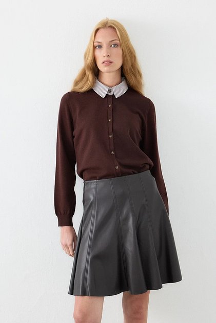 Flared Leather Mini Skirt - Brown