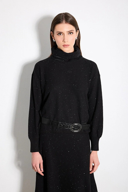 Basic High-Neck Cotton Knitwear with Sequin Detail - Black