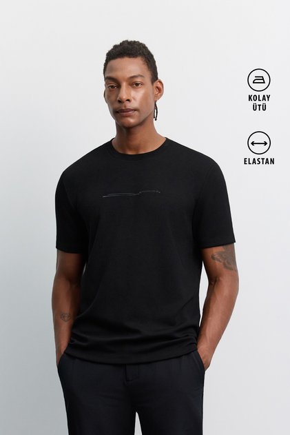 Men's Black Crew Neck Shiny Rubber Printed Interlock Regular Fit T-Shirt A62Y1031
