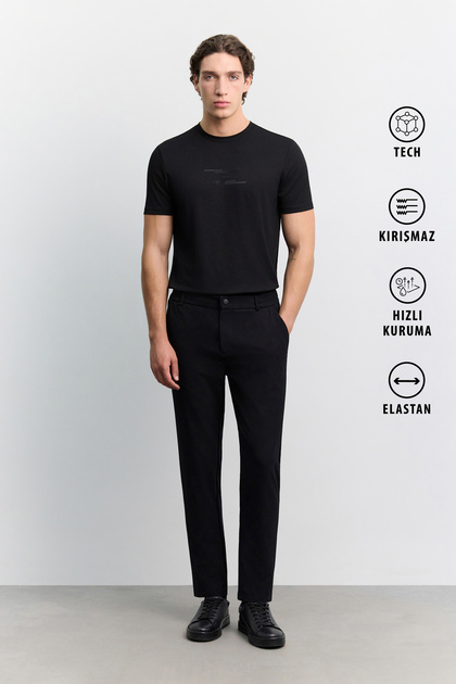 Men's Black Elastic Sides Anti-Wrinkle Quick-Drying Technical Fabric Slim Fit Trousers A62Y3077
