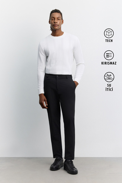 Men's Black Elastic Waist Anti-Wrinkle Water-Repellent Technical Fabric Slim Fit Trousers A62Y3200