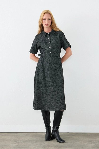 Collared Tweed Midi Dress - Black