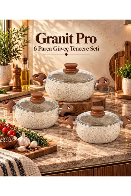 Granit Pro 6-Piece Granite Casserole Pot Set Cappuccino Bakelite Strappy - 18/20/22 Deep