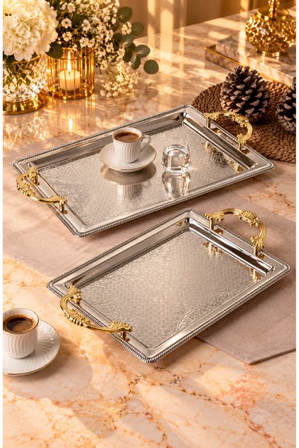 Set of 2 Stainless Steel Silver Trays – Rectangular Patterned Serving and Presentation Tray, Anti-Tarnish, Fade-Resistant