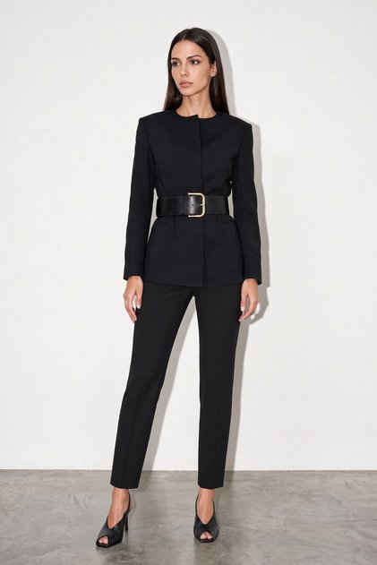 Black Belt Detailed Collarless Jacket