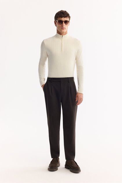 Men's Brown Classic Waist Wool Blend Soft Touch Carrot Fit Trousers A52Y3012