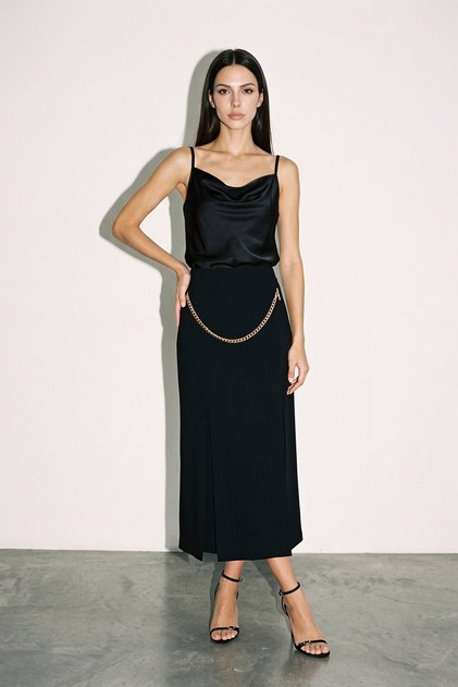 Black Pleated Midi Skirt with Waist Chain Detail
